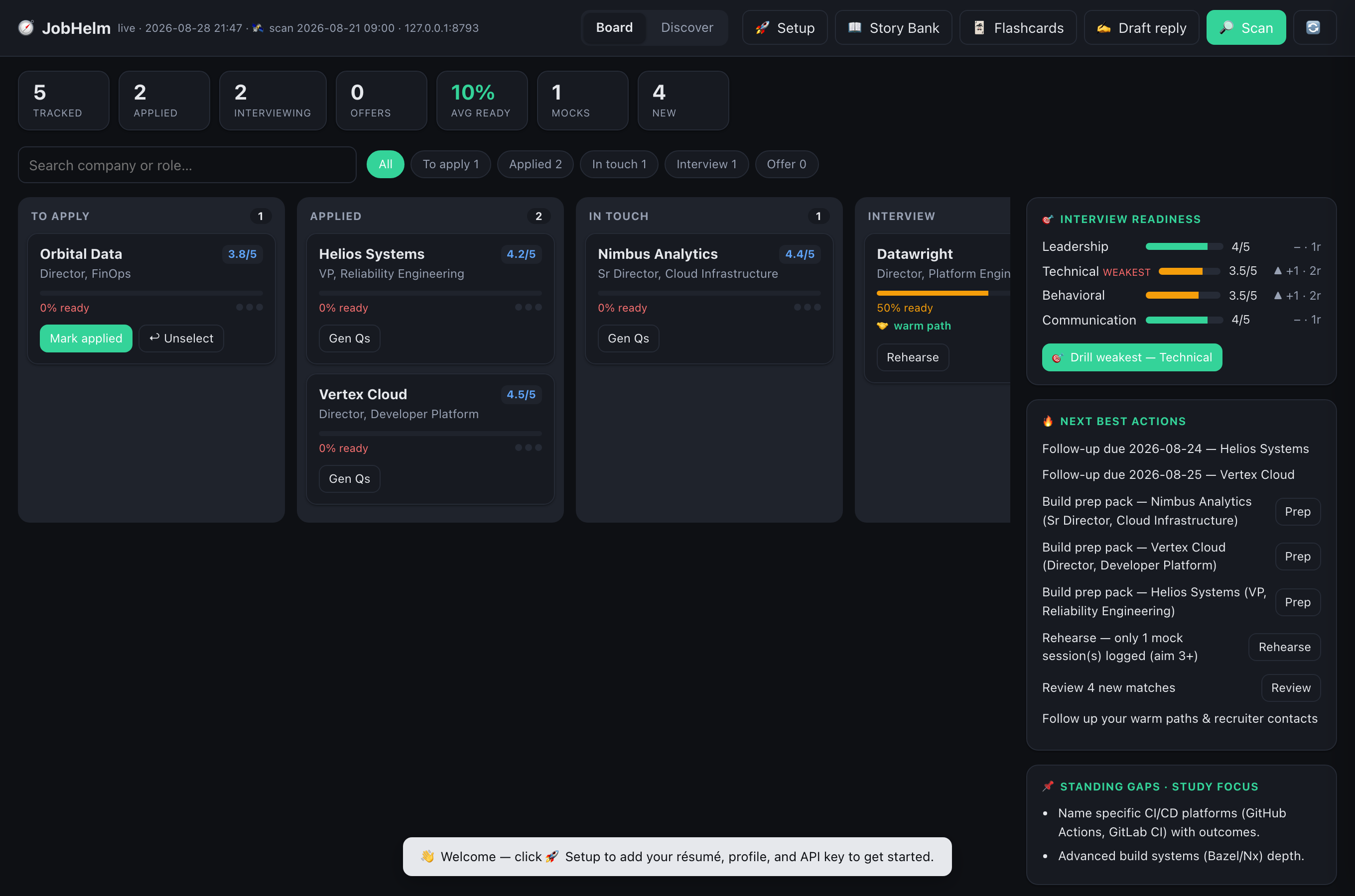 JobHelm board: roles across To apply, Applied, In touch and Interview columns, each with a fit score and prep-readiness; a right rail charts interview readiness per dimension with a Drill-weakest button and next best actions