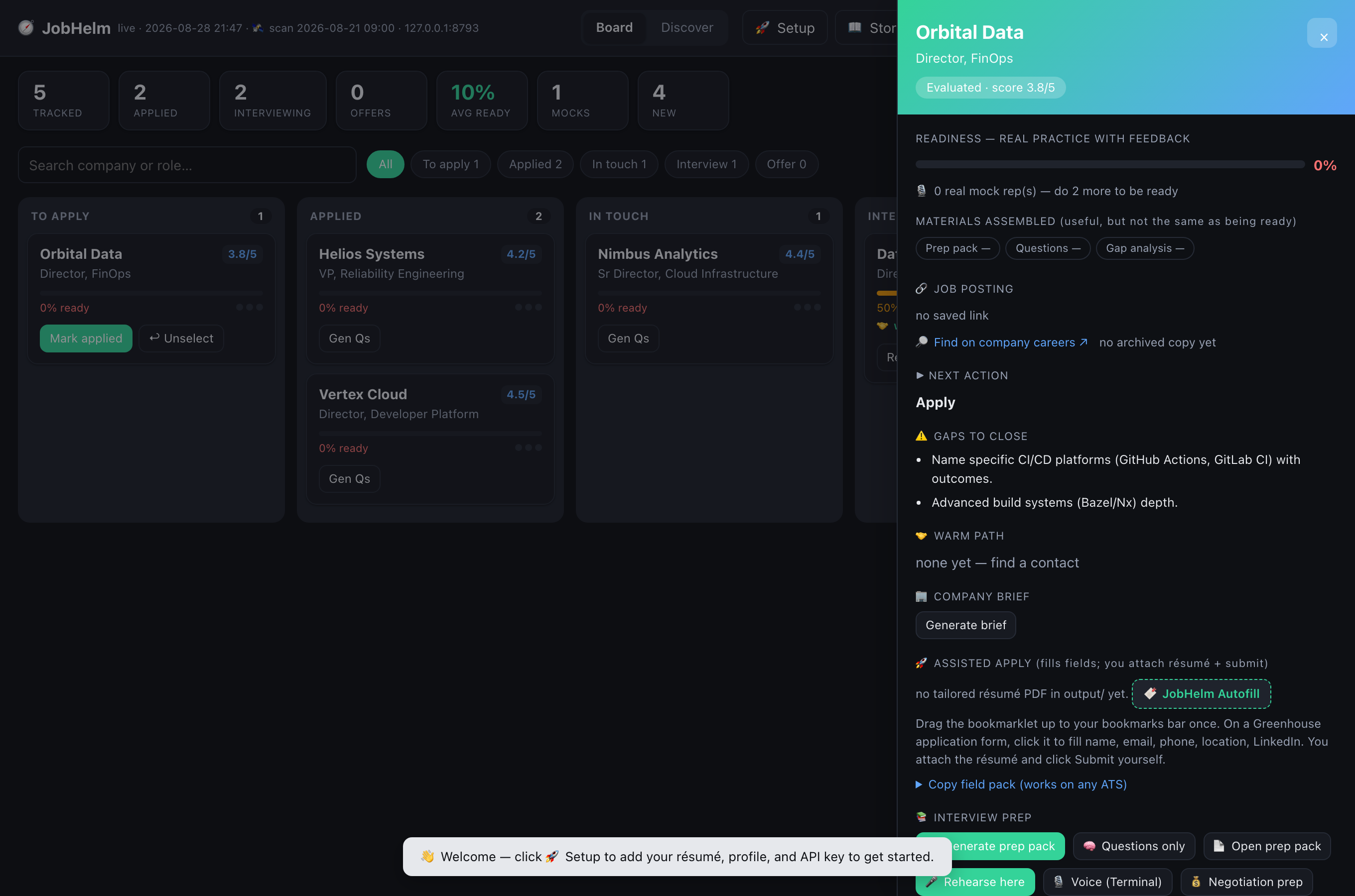 JobHelm role drawer with an interview-prep row and negotiation prep